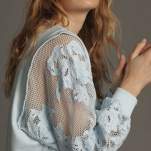 NEW By Anthropologie Embroidered Cutwork Sweatshirt size S blue - Picture 4 of 8